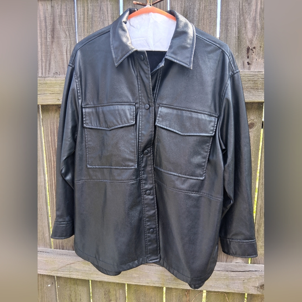 Zara Black Faux Leather Shirt Jacket